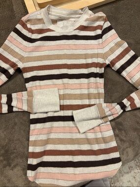 aerie Long Sleeve Ribbed Stripe Tee in Pink, Brown, Tan, Cream